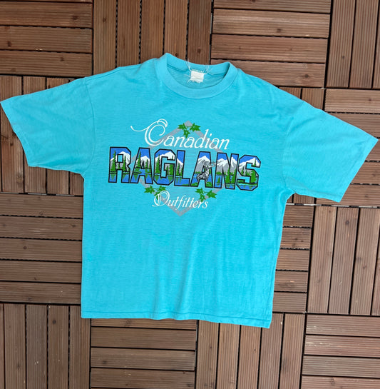 Canadian Raglans Outfitters Graphic Tee | Size X-Large | Vintage 1990s Promotional Branded Blue T-Shirt | Free Shipping to USA |