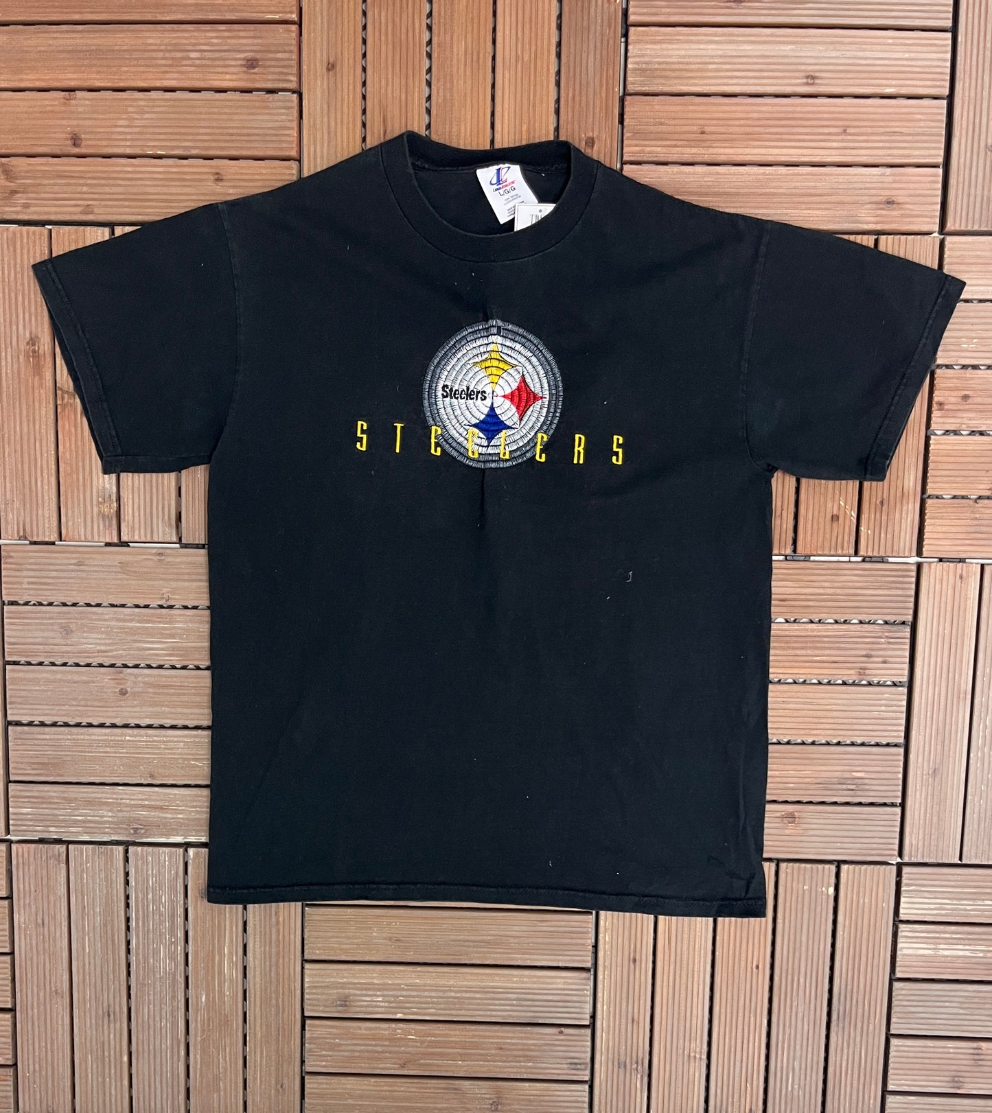 Pittsburgh Steelers Embroidered Graphic Tee | Size Large | Vintage 1990s NFL Football Black T-Shirt | Logo Athletic |