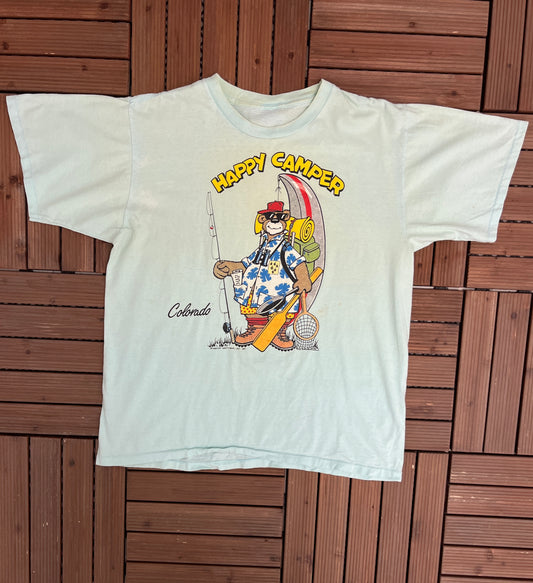 Happy Camper Colorado Graphic Tee | Size X-Large | Vintage 1980s Tourist Promotional Blue T-Shirt | Free Shipping to USA |