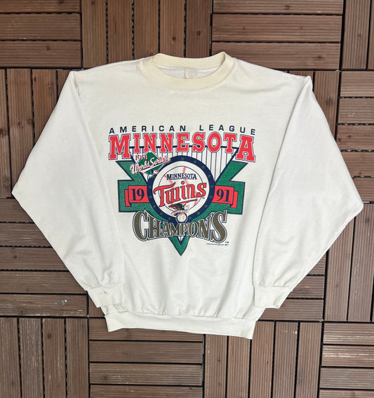 Minnesota Twins American League Champions Graphic Crewneck | Size Large | Vintage 1990s MLB Baseball White Sweater |