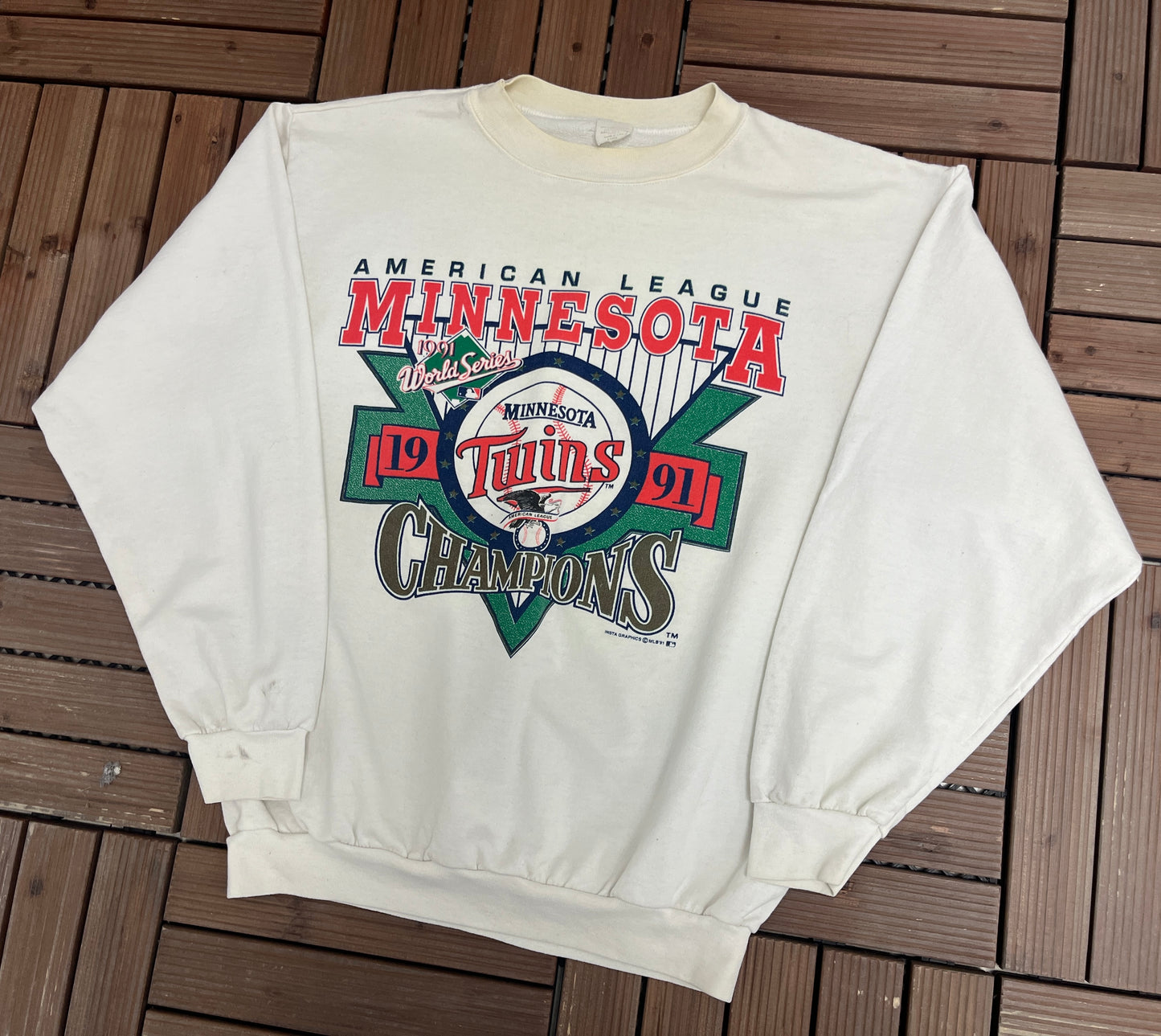 Minnesota Twins American League Champions Graphic Crewneck | Size Large | Vintage 1990s MLB Baseball White Sweater |