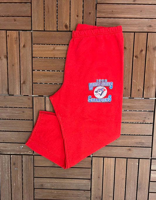 Toronto Blue Jays World Series Graphic Sweat Pants | Size Large | Vintage 1990s MLB Baseball Red Pants |