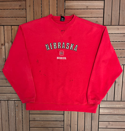 Nebraska Cornhuskers Nike Stitched Graphic Crewneck | Size Large | Vintage 1990s College Sports Red Sweater |