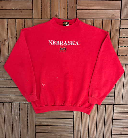 Nebraska Cornhuskers Stitched Graphic Crewneck | Size X-Large | Vintage 1990s College Sports Red Sweater |