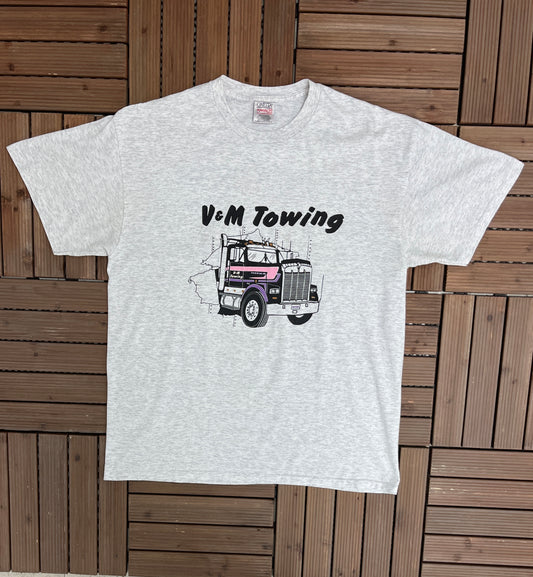 V&M Towing Graphic Tee | Size X-Large | Vintage 1990s Tourist Promotional Single Stitch Grey T-Shirt | Free Shipping to USA |