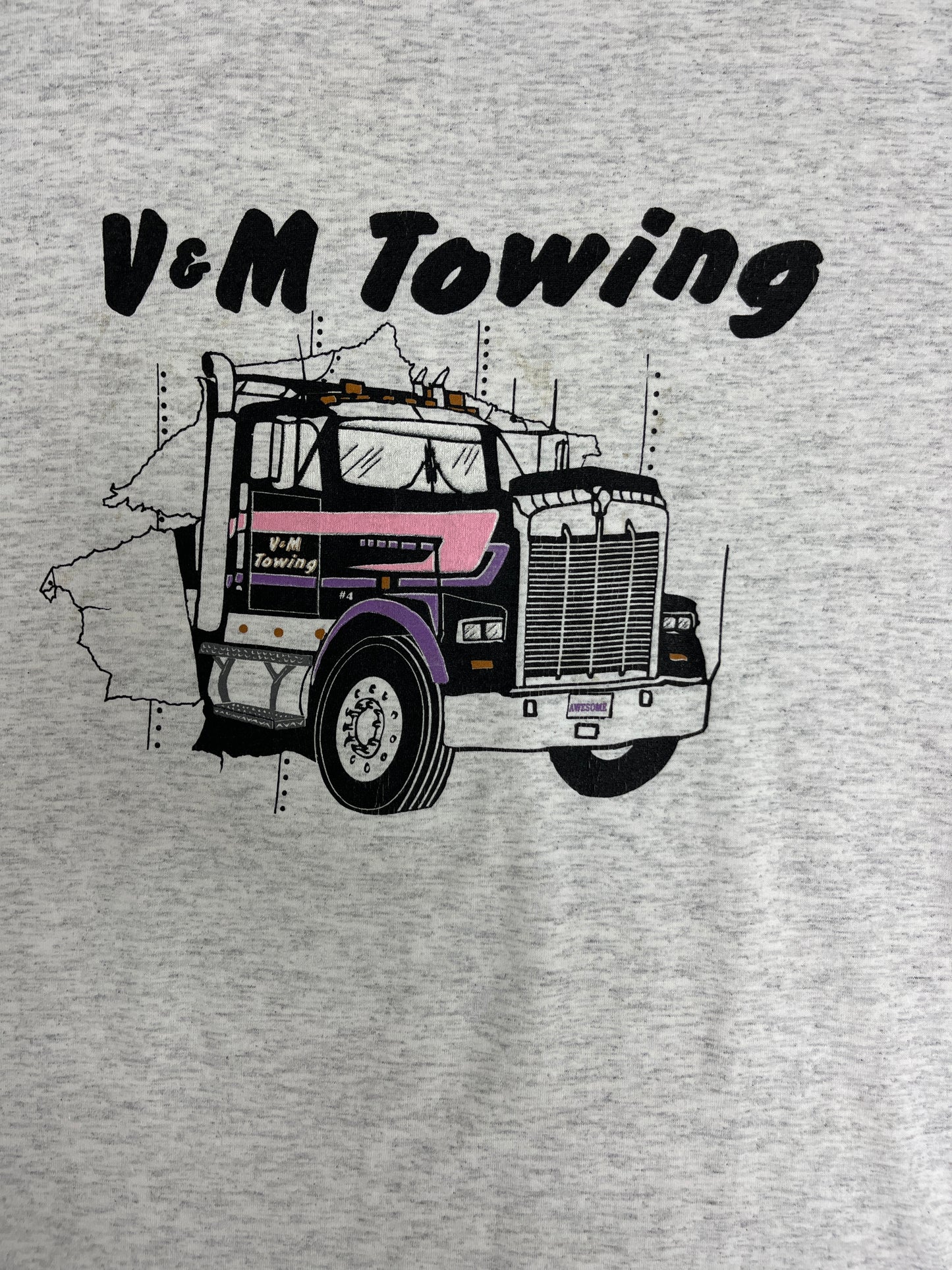 V&M Towing Graphic Tee | Size X-Large | Vintage 1990s Tourist Promotional Single Stitch Grey T-Shirt | Free Shipping to USA |