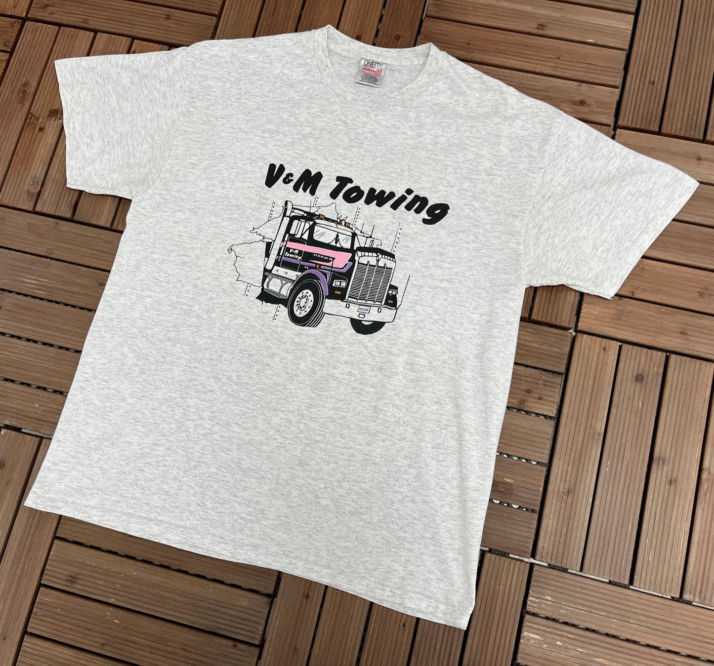 V&M Towing Graphic Tee | Size X-Large | Vintage 1990s Tourist Promotional Single Stitch Grey T-Shirt | Free Shipping to USA |