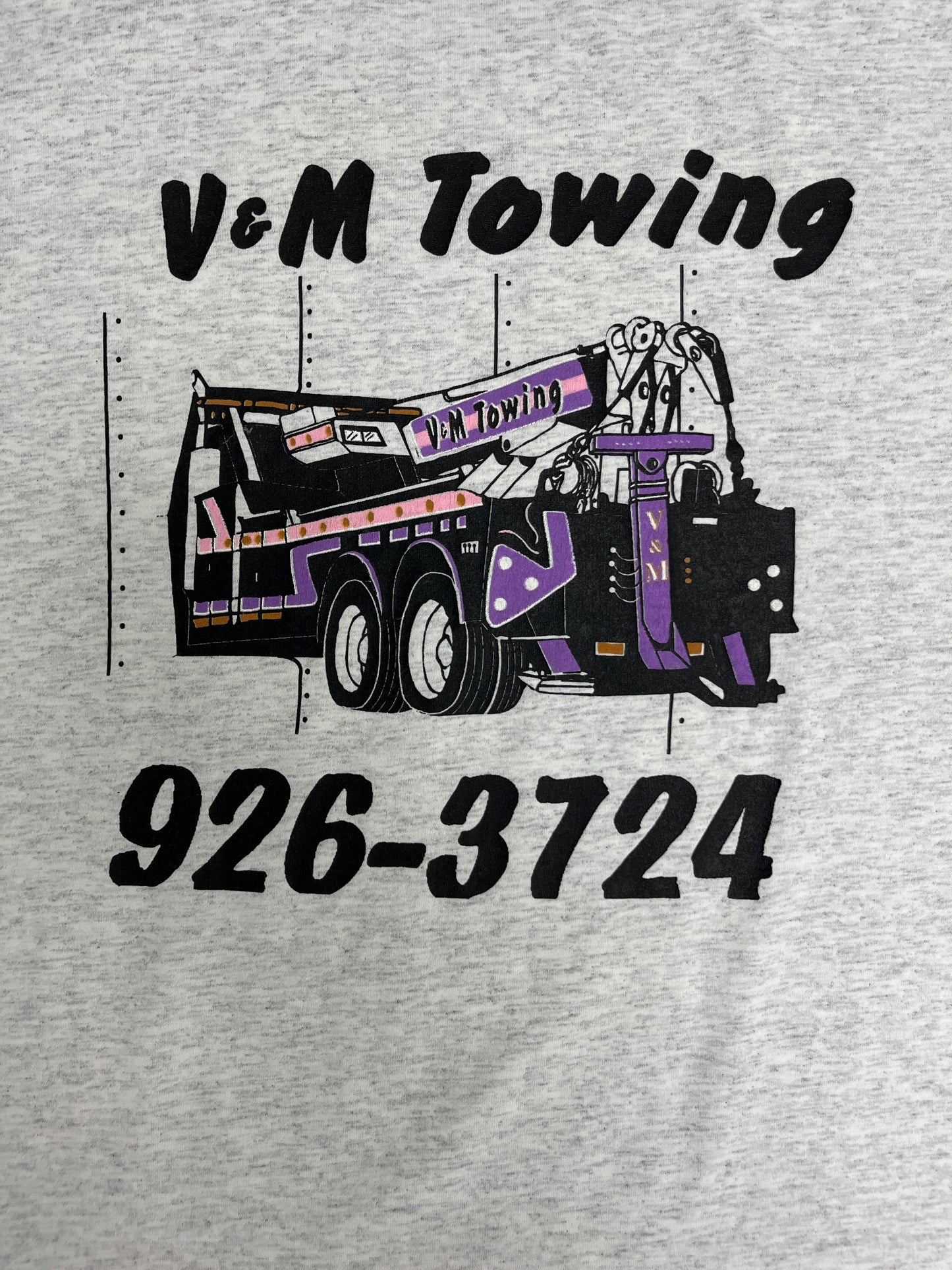 V&M Towing Graphic Tee | Size X-Large | Vintage 1990s Tourist Promotional Single Stitch Grey T-Shirt | Free Shipping to USA |