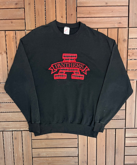 Panthers Embroidered Graphic Crewneck | Size Large | Vintage 1990s High School Football Black Sweater |