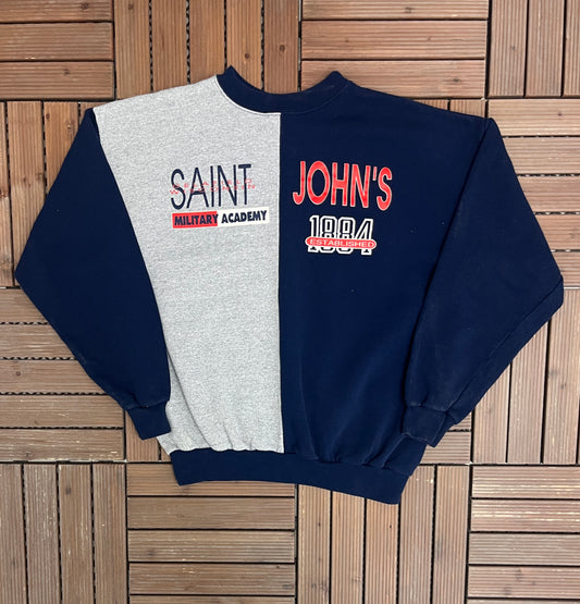 Saint John's Military Academy Graphic Crewneck | Size X-Large | Vintage 1990s Military Promotional Blue Sweater |