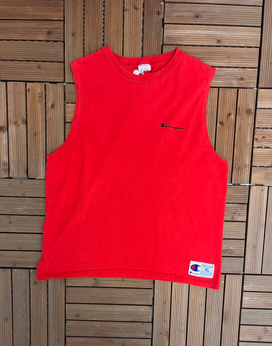 Champion Spell Out Embroidered Graphic Tee | Size X-Large | Vintage 1990s Branded Tank Top Red T-Shirt | Free Shipping to USA |