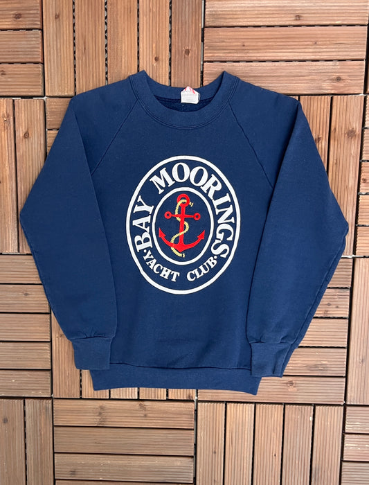 Bay Moorings Yacht Club Graphic Crewneck | Size Small | Vintage 1990s Promotional Tourist Blue Sweater | Made in USA | Free Shipping to USA|