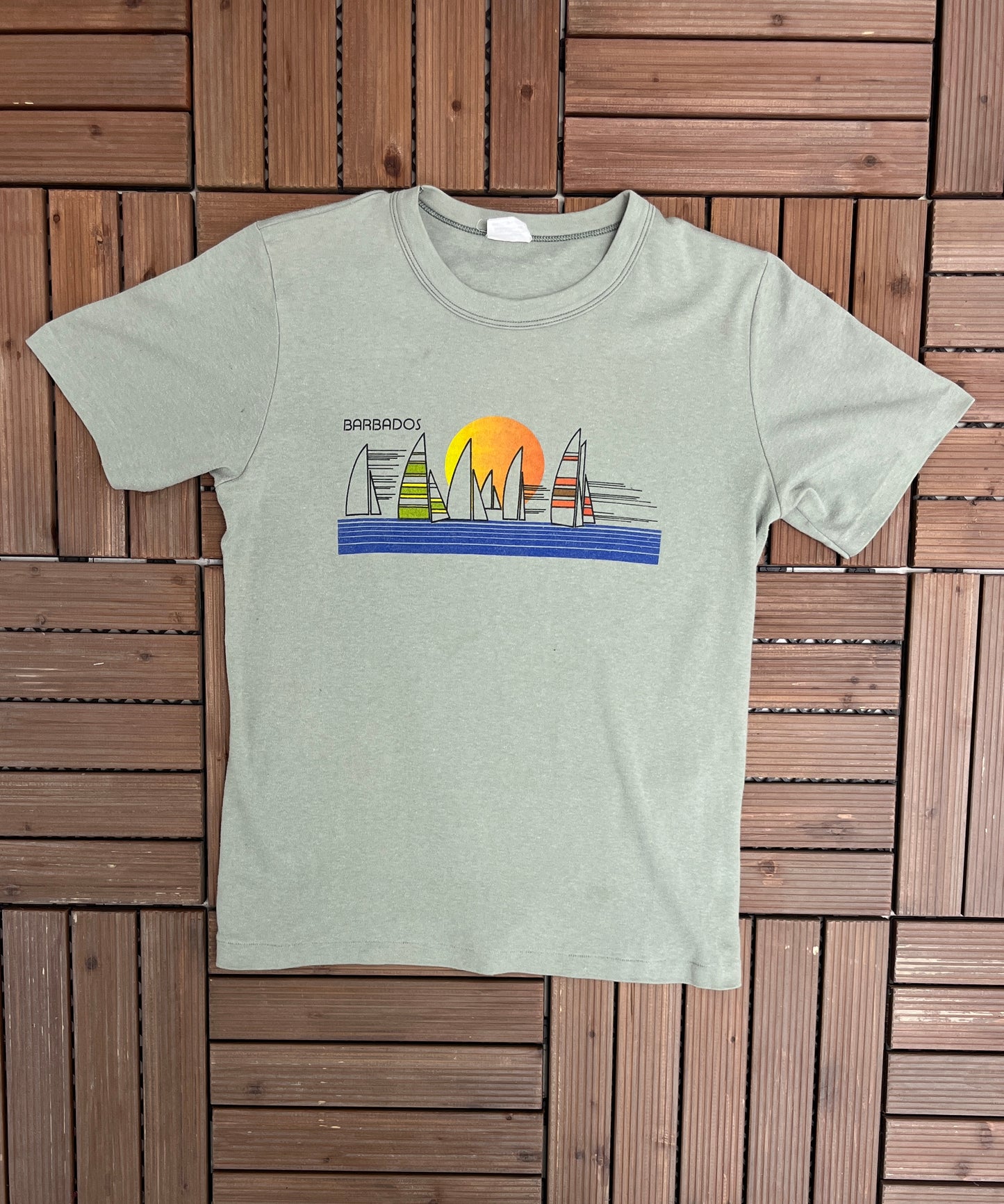 Barbados Sunset Graphic Tee | Size Large | Vintage 1990s Single Stitch Tourist Green T-Shirt |