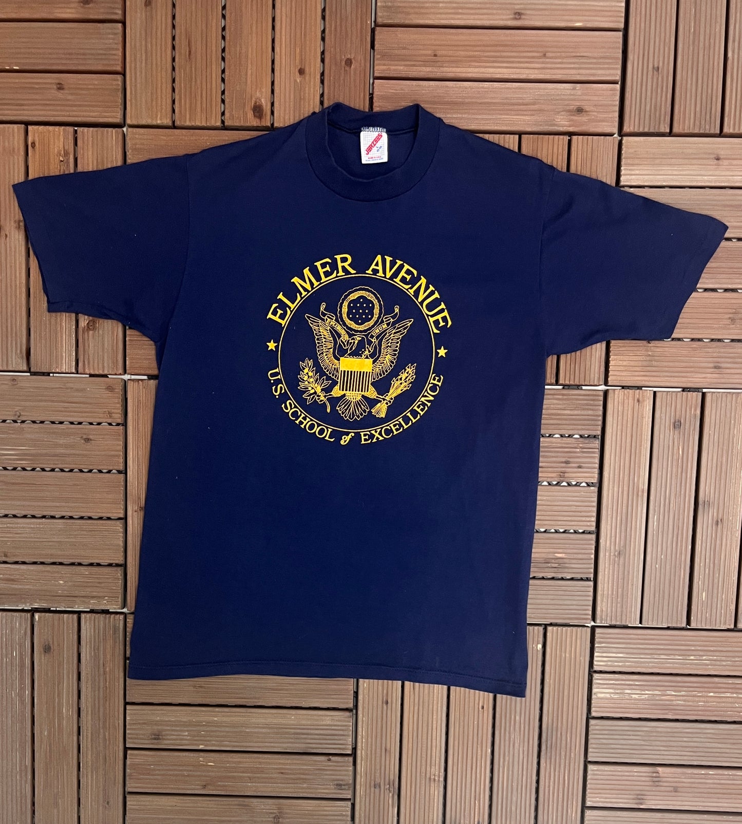 Elmer Avenue U.S. School of Excellence Graphic Tee | Size Large | Vintage 1990s Made in USA Blue T-Shirt |