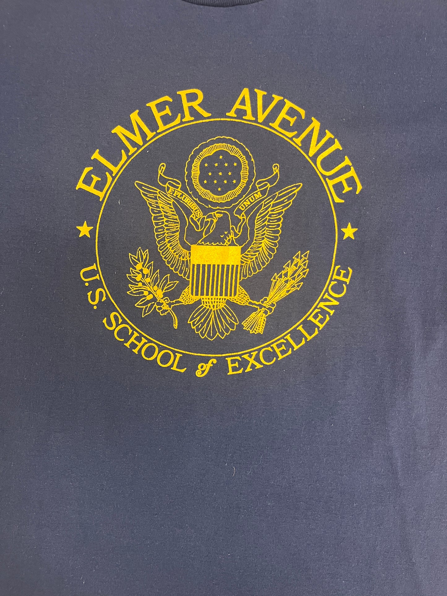 Elmer Avenue U.S. School of Excellence Graphic Tee | Size Large | Vintage 1990s Made in USA Blue T-Shirt |