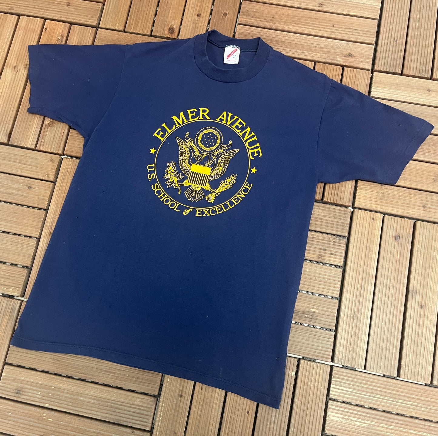 Elmer Avenue U.S. School of Excellence Graphic Tee | Size Large | Vintage 1990s Made in USA Blue T-Shirt |