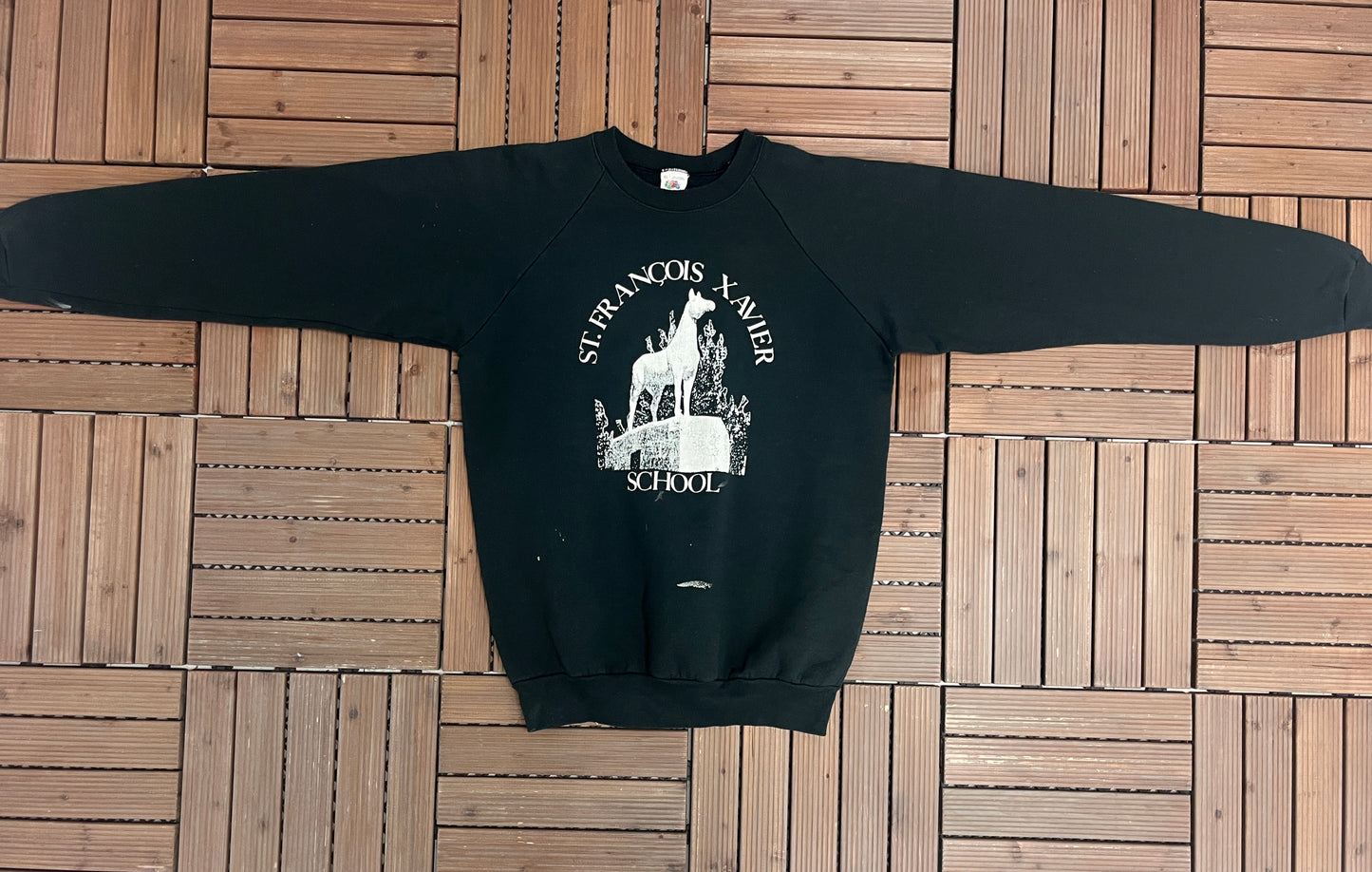 St. Francois Xavier School Graphic Crewneck | Size X-Large | Vintage 1980s Made in USA Black Sweater |