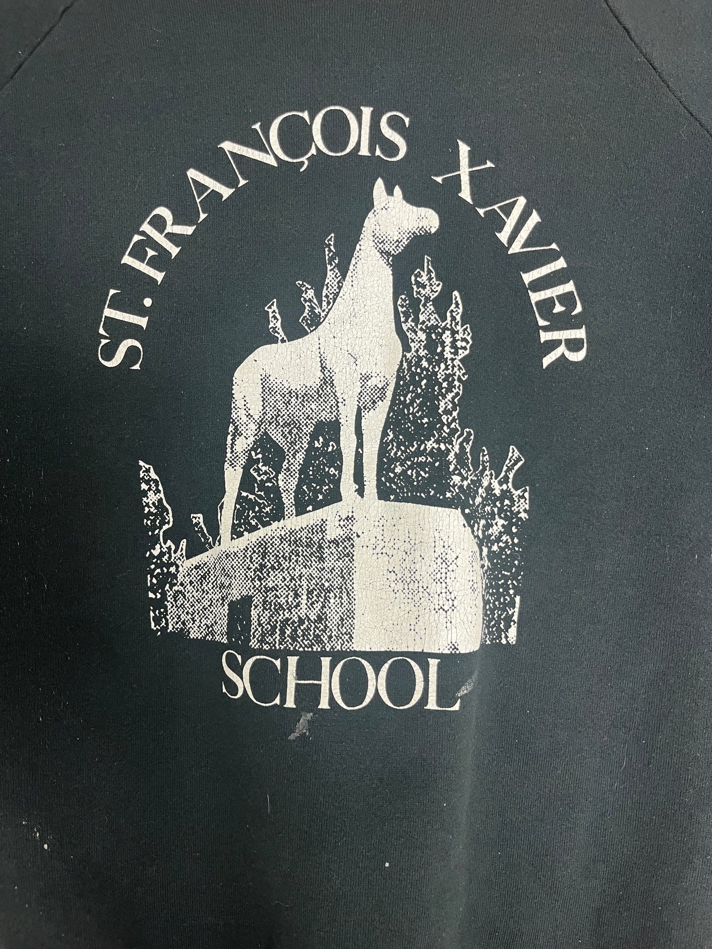 St. Francois Xavier School Graphic Crewneck | Size X-Large | Vintage 1980s Made in USA Black Sweater |