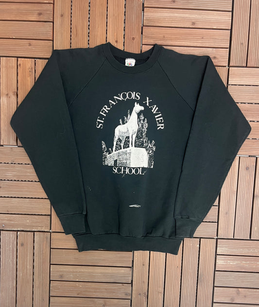 St. Francois Xavier School Graphic Crewneck | Size X-Large | Vintage 1980s Made in USA Black Sweater |