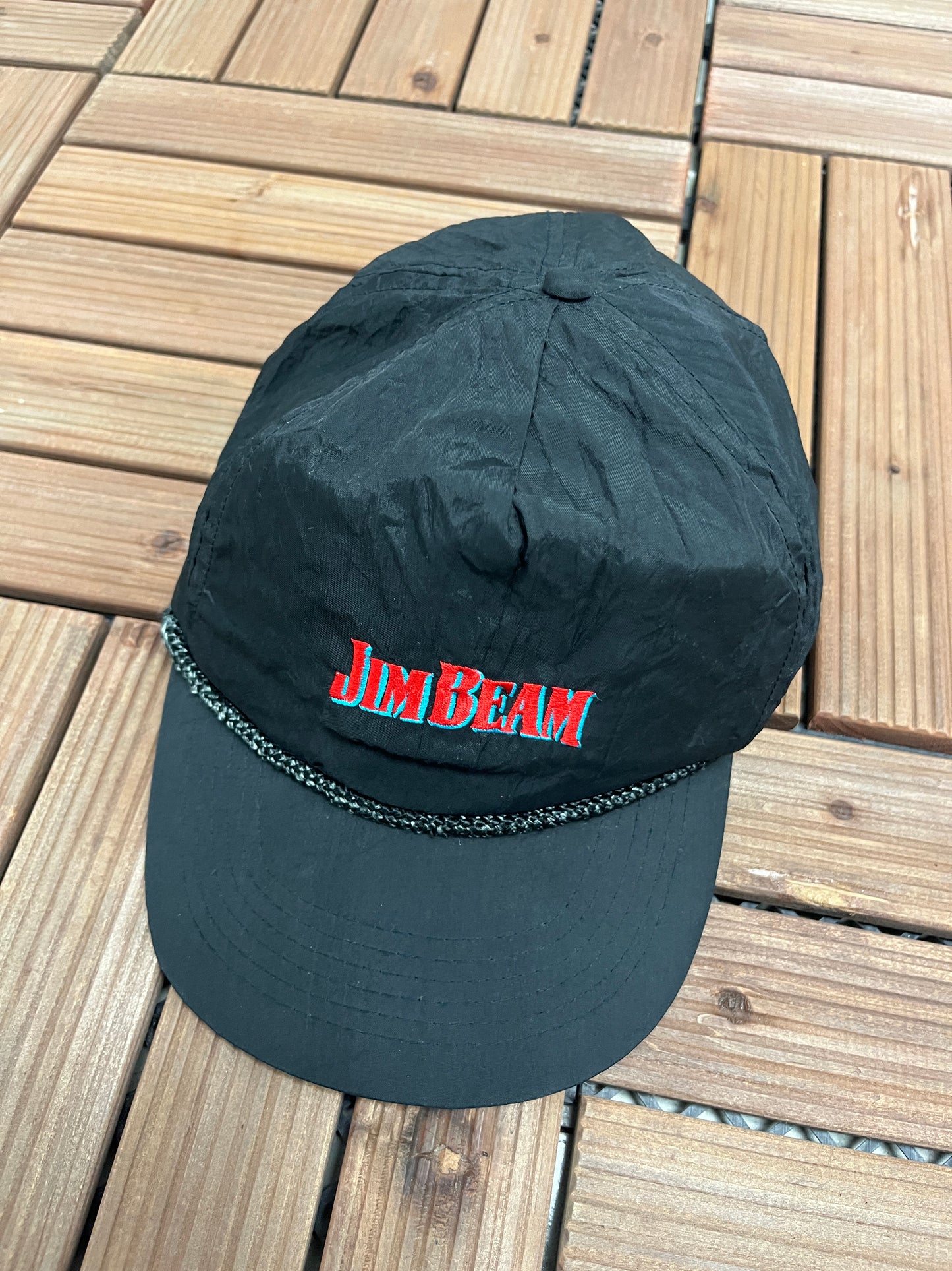 Jim Beam Embroidered Graphic Hat | Snap Back | Vintage 1990s Alcohol Promotional Black Cap |