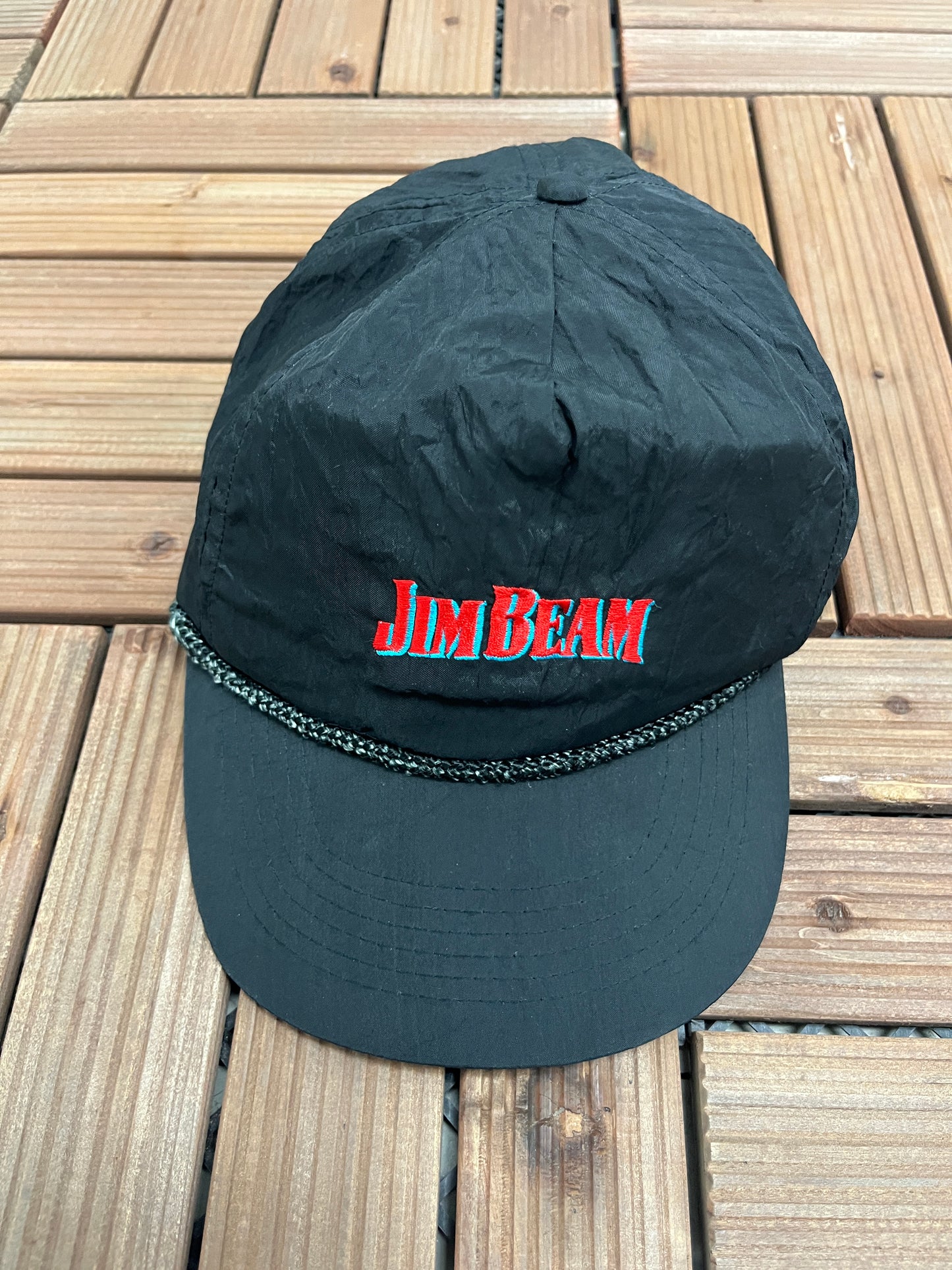 Jim Beam Embroidered Graphic Hat | Snap Back | Vintage 1990s Alcohol Promotional Black Cap |