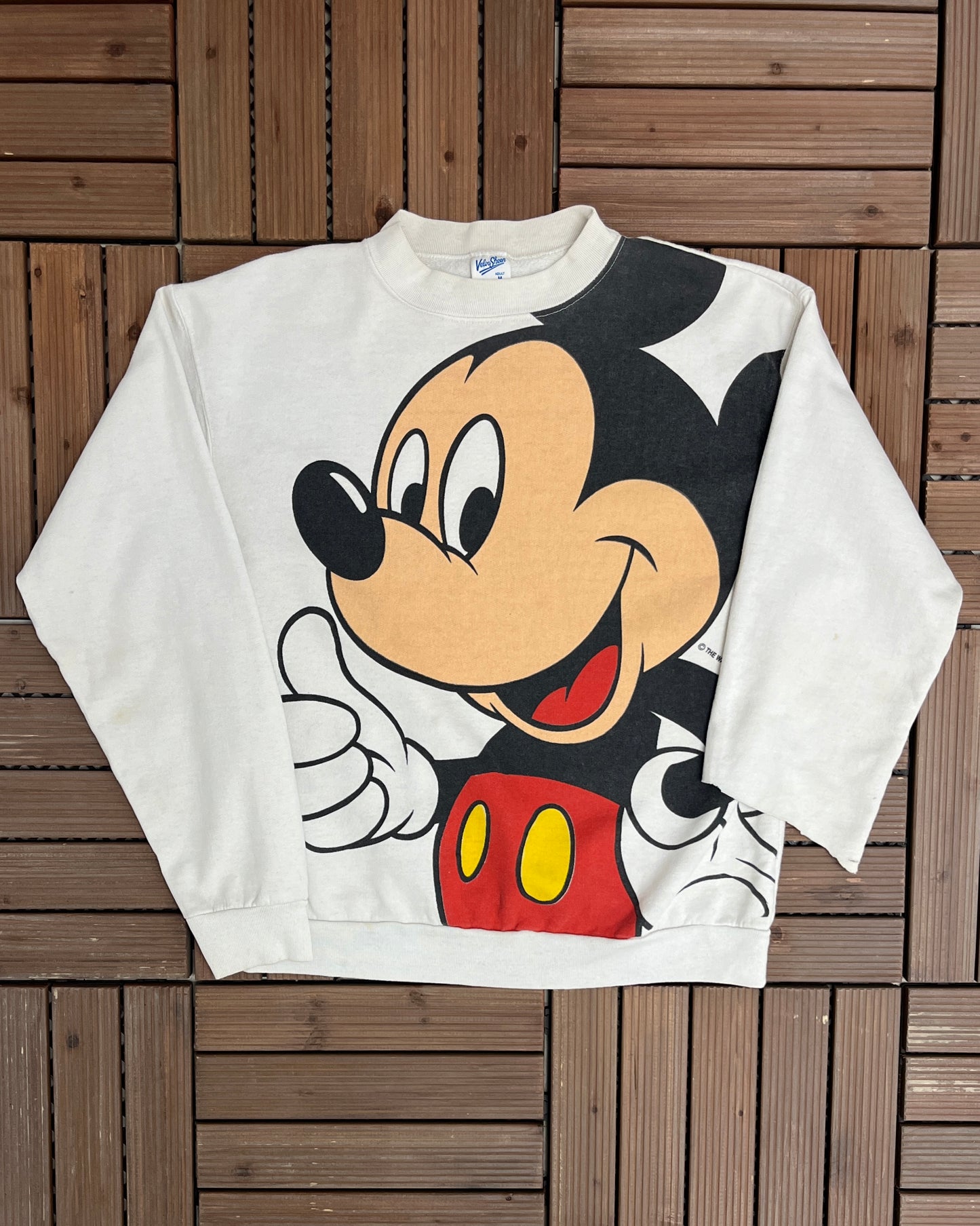 Mickey Mouse Big Print Graphic Tee | Size Medium | Vintage 1990s Retro Promotional Cartoon White Sweatshirt |