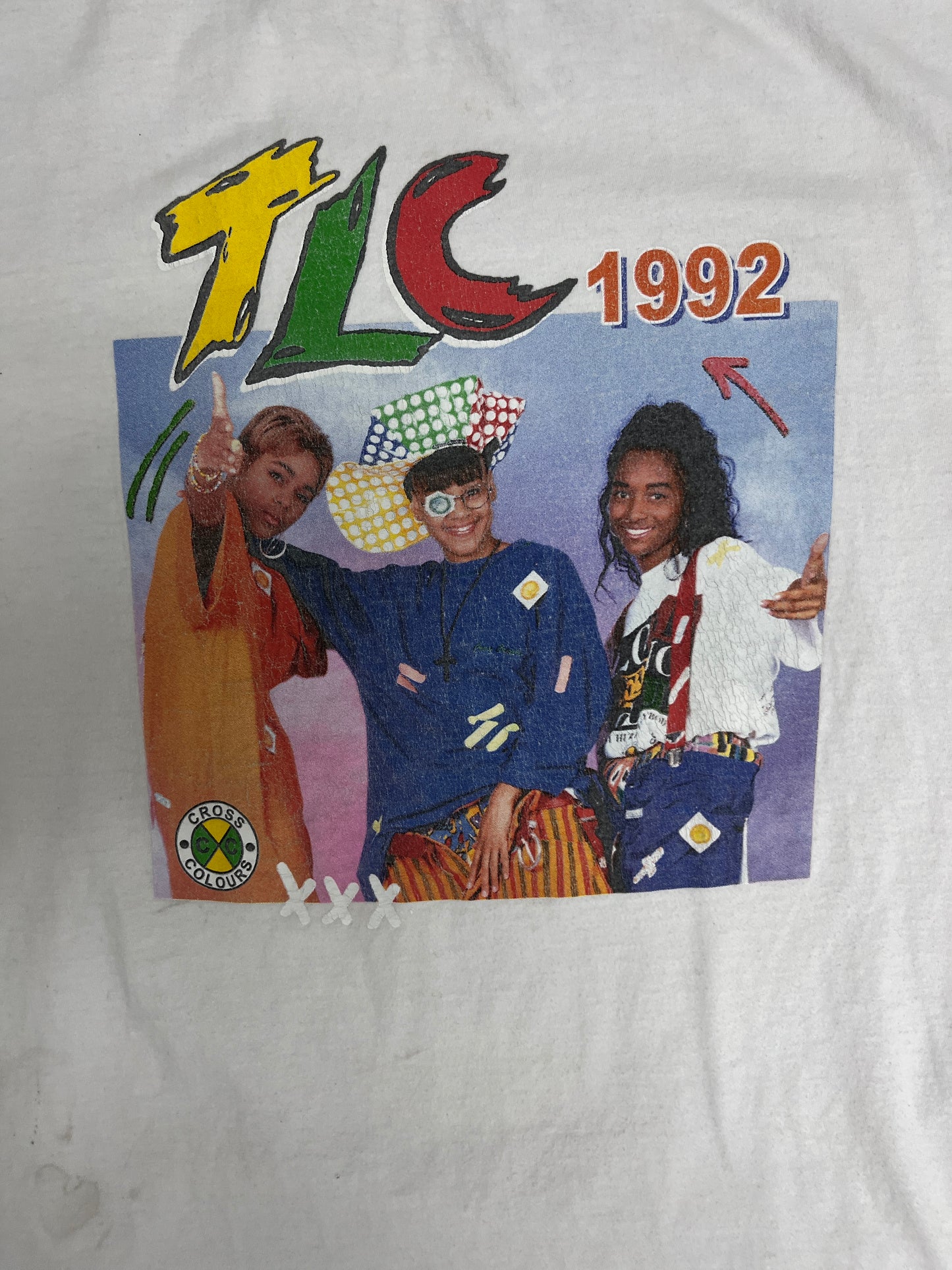 TLC 1992 Cross Colours Graphic Tee | Size Large | Vintage 1990s Girl Group Promotional White T-Shirt |