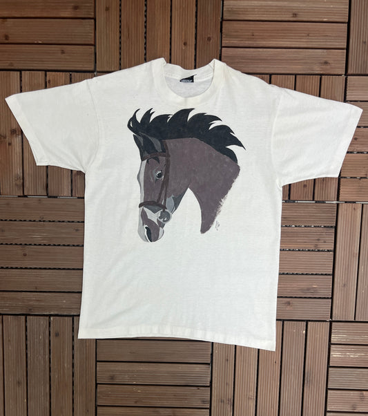 Horse Graphic Tee | Size Large | Vintage 1990s Animal Made in USA White T-Shirt |