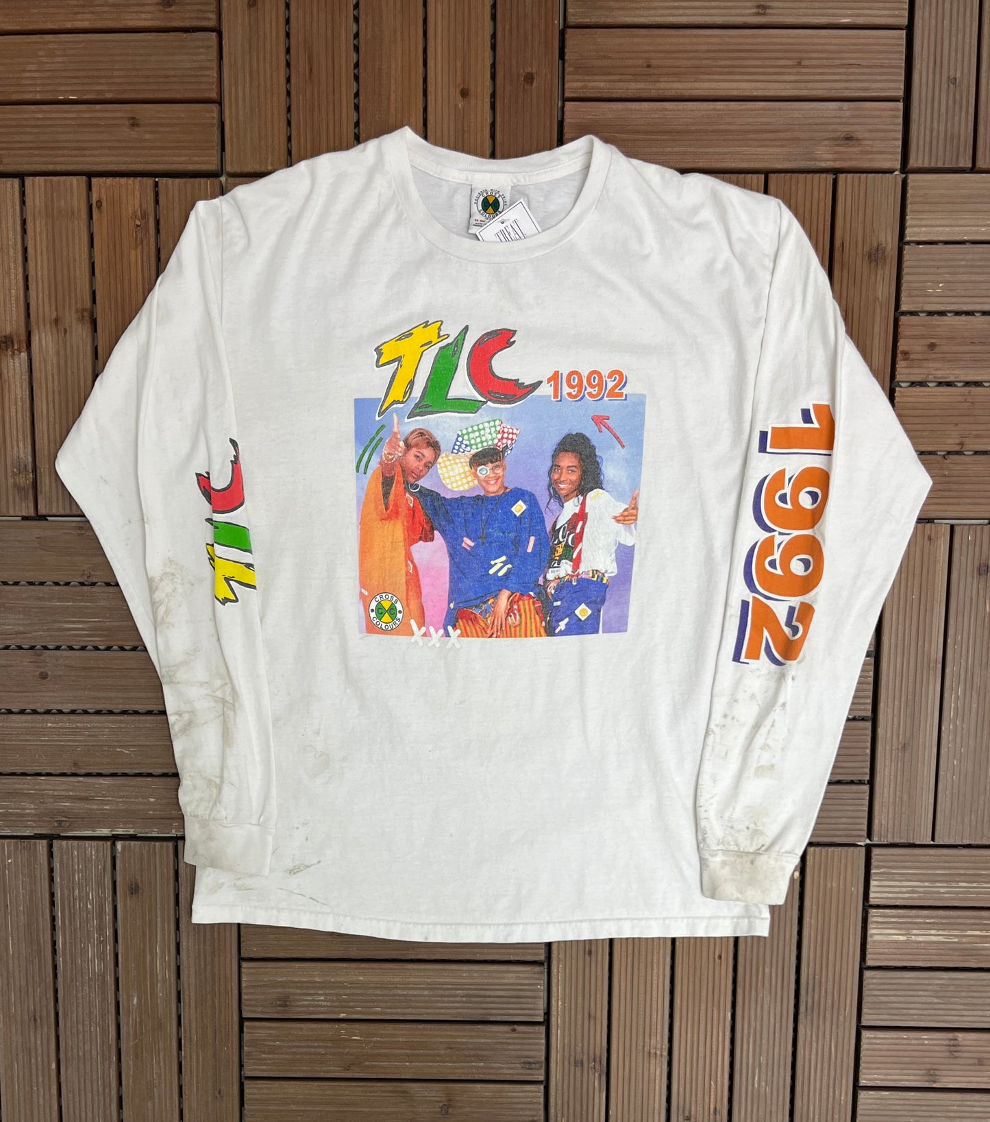 TLC 1992 Cross Colours Graphic Tee | Size Large | Vintage 1990s Girl Group Promotional White T-Shirt |