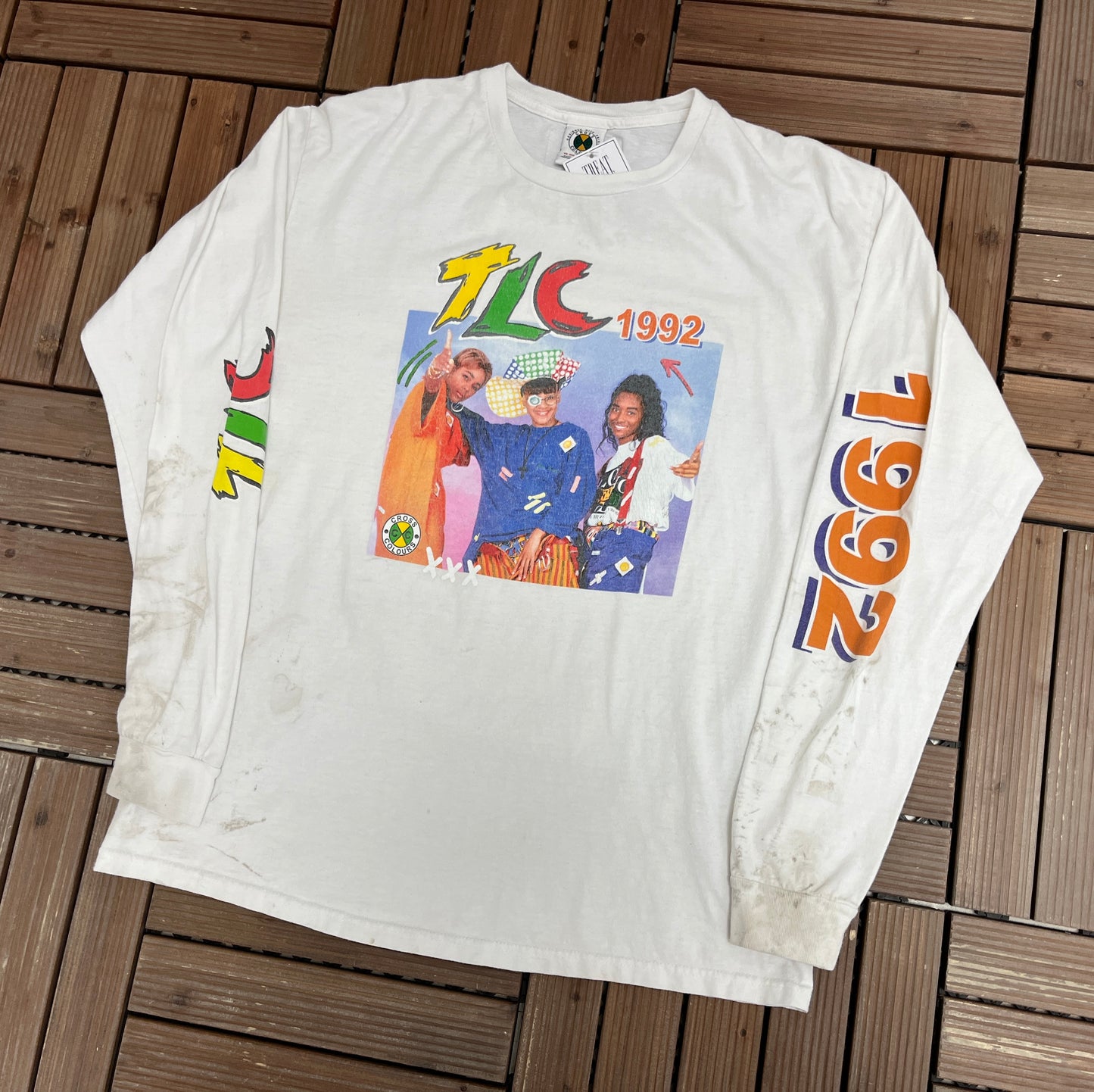 TLC 1992 Cross Colours Graphic Tee | Size Large | Vintage 1990s Girl Group Promotional White T-Shirt |