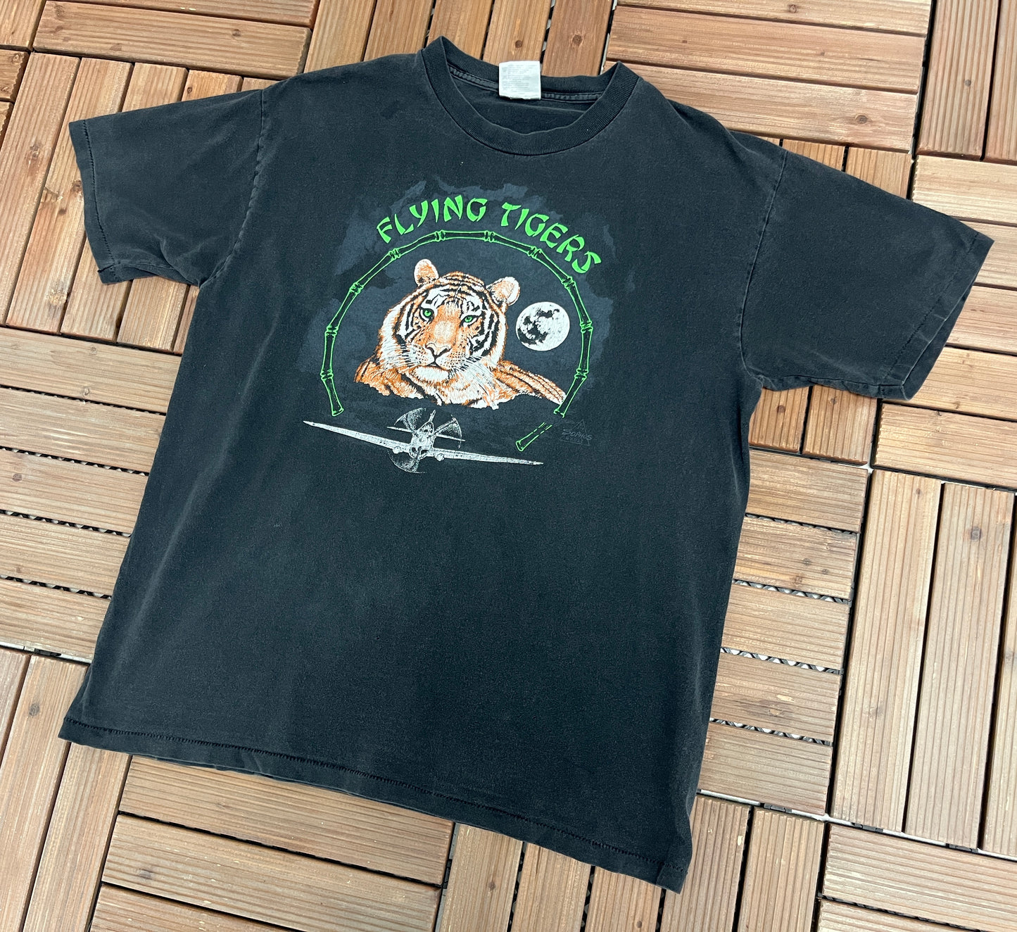 Flying Tigers Graphic Tee | Size Large | Vintage 1990s Single Stitch Animal Black T-Shirt | Made in USA | Free Shipping to USA|