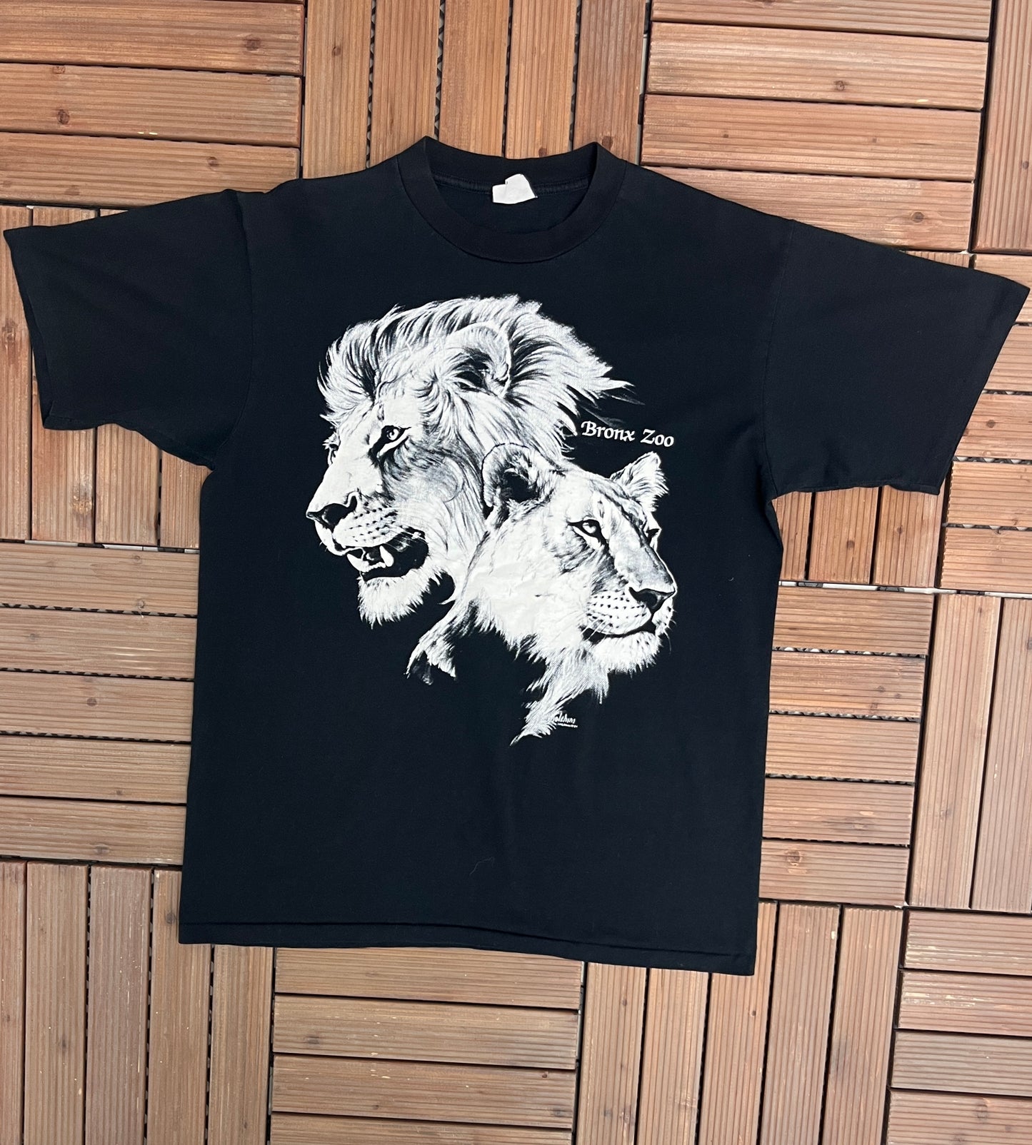 Bronx Zoo Lion & Cheetah Graphic Tee | Size Large | Vintage 1980s Single Stitch Promotional Black T-Shirt | Free Shipping to USA |