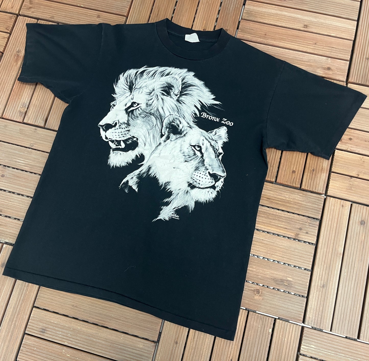 Bronx Zoo Lion & Cheetah Graphic Tee | Size Large | Vintage 1980s Single Stitch Promotional Black T-Shirt | Free Shipping to USA |