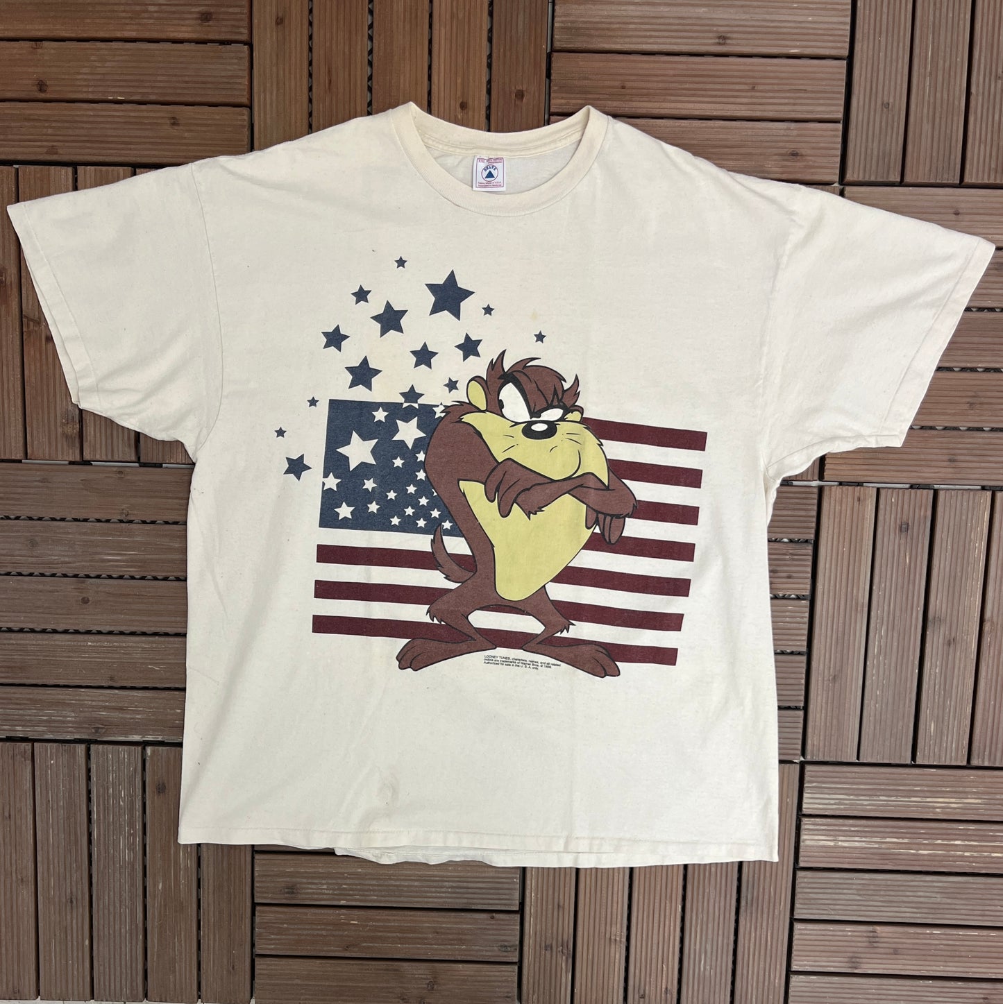 Taz American Flag Graphic Tee | Size XX-Large | Vintage 1990s Looney Tunes Cartoon Disney Character White T-Shirt |