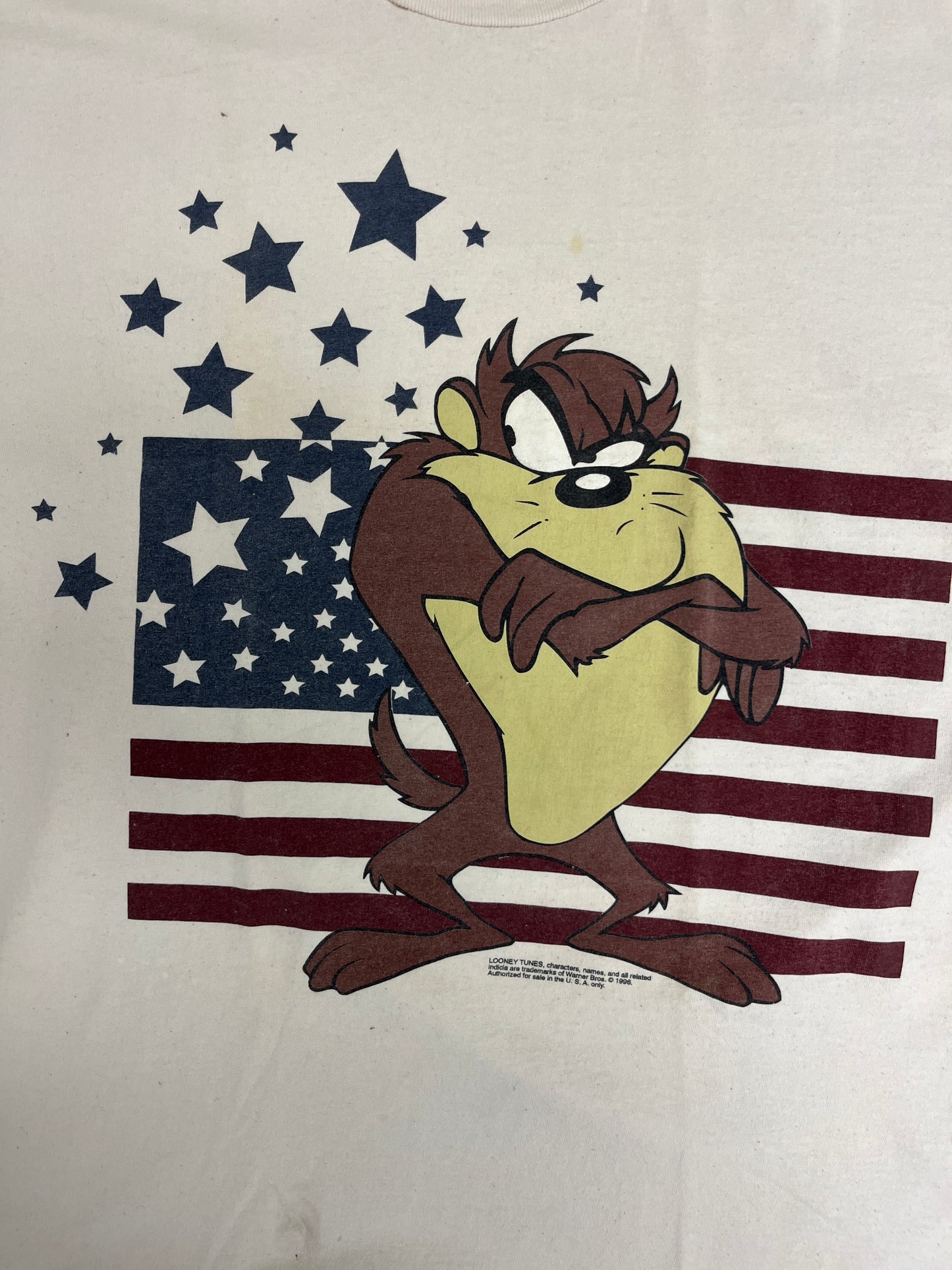 Taz American Flag Graphic Tee | Size XX-Large | Vintage 1990s Looney Tunes Cartoon Disney Character White T-Shirt |