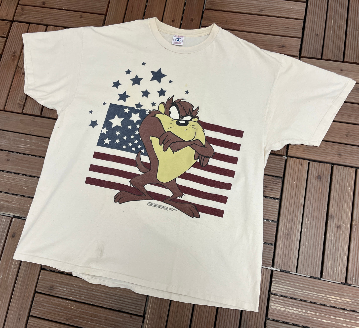 Taz American Flag Graphic Tee | Size XX-Large | Vintage 1990s Looney Tunes Cartoon Disney Character White T-Shirt |