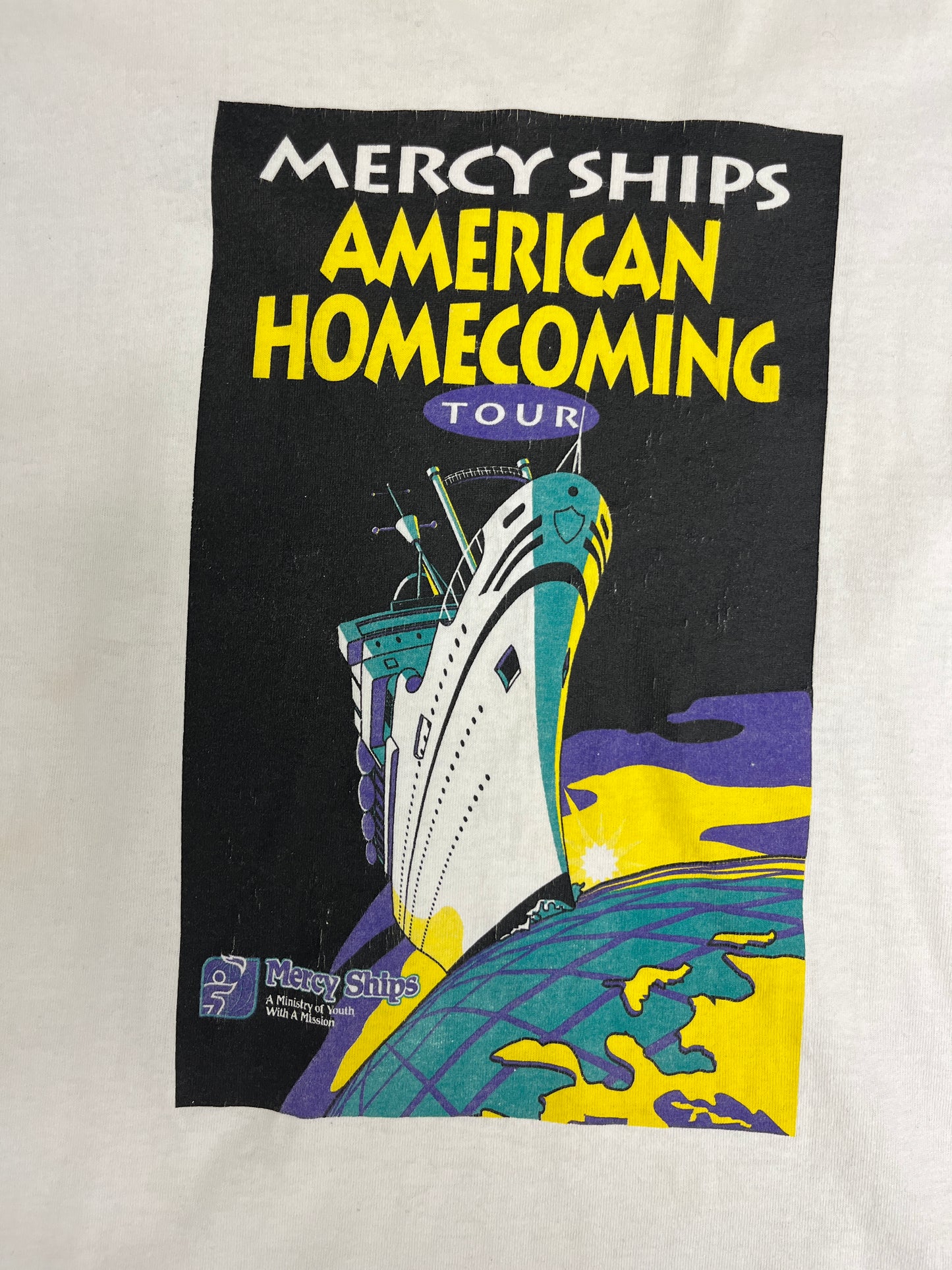 Mercy Ships American Homecoming Tour Graphic Tee | Size Small | Vintage 1990s Made in USA Ministry of Youth White T-Shirt |