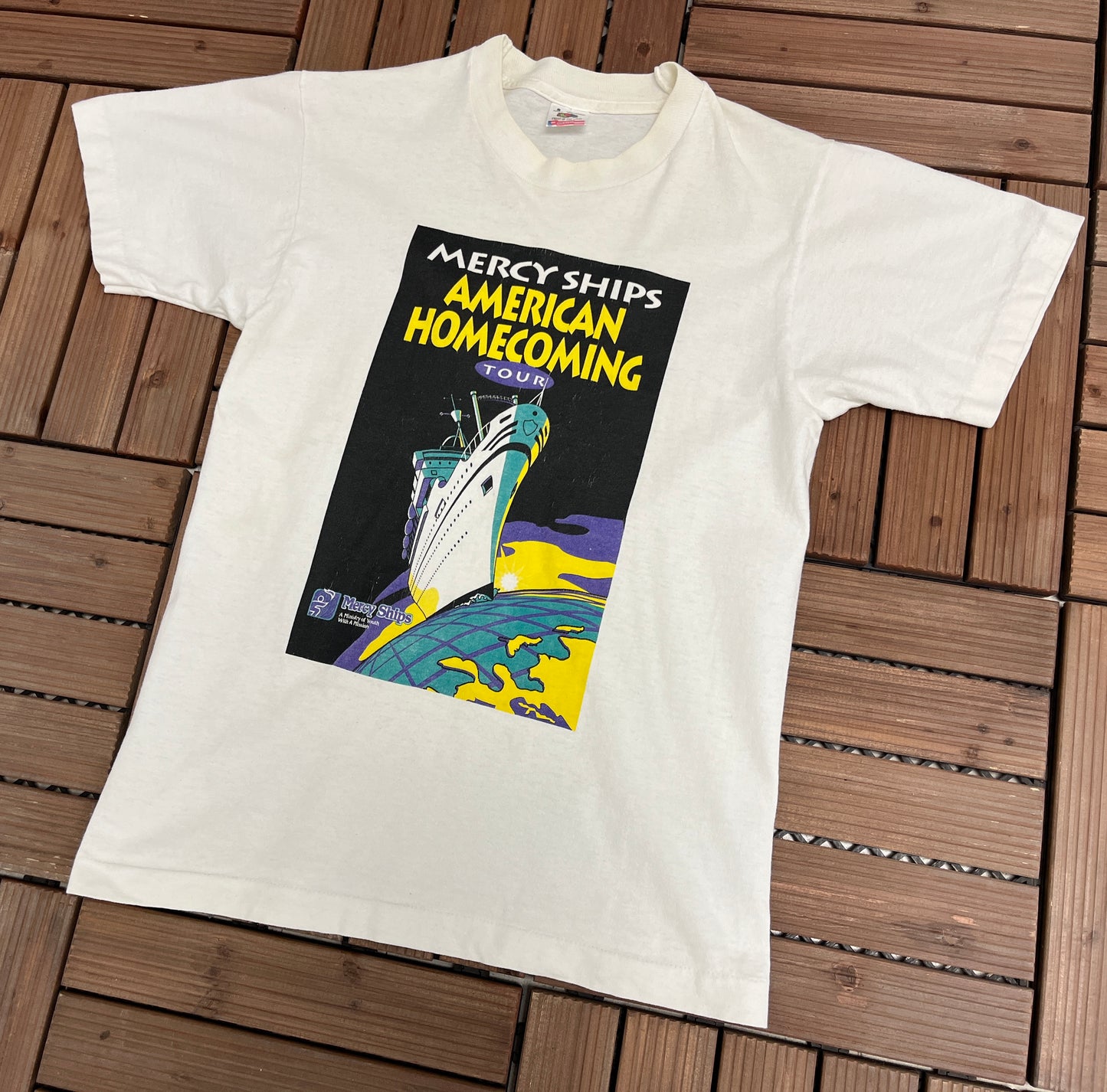 Mercy Ships American Homecoming Tour Graphic Tee | Size Small | Vintage 1990s Made in USA Ministry of Youth White T-Shirt |