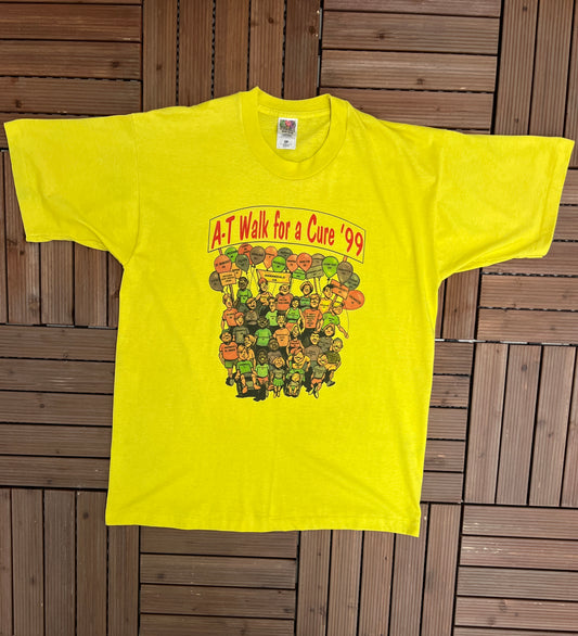 AT Walk For A Cure 1999 Graphic Tee | Size X-Large | Vintage 1990s Charity Single Stitch Yellow T-Shirt | Free Shipping to USA |