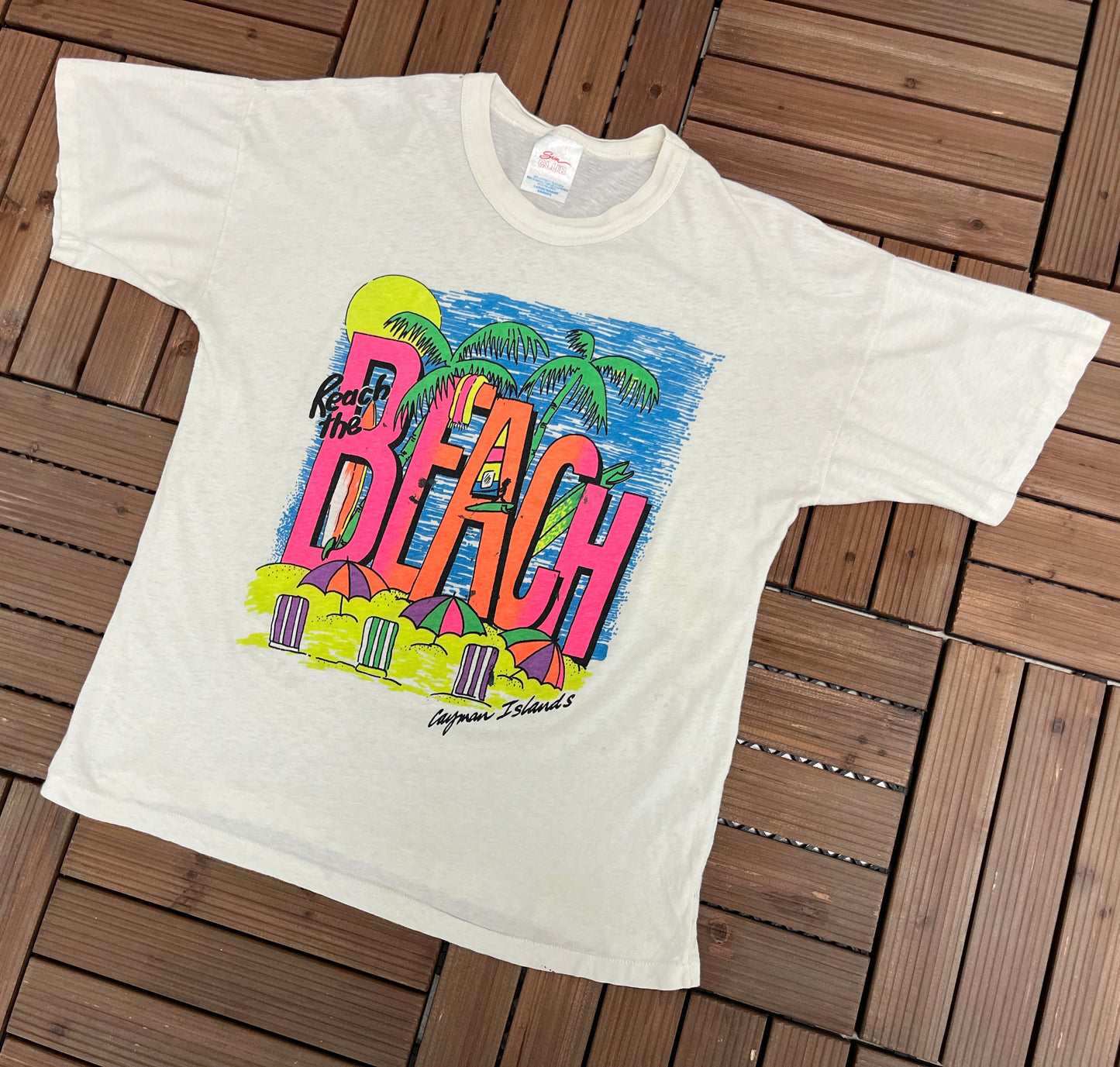 Cayman Islands Beach Graphic Tee | Size Large | Vintage 1990s Single Stitch White T-Shirt | Tourist Graphic | Free Shipping to USA |