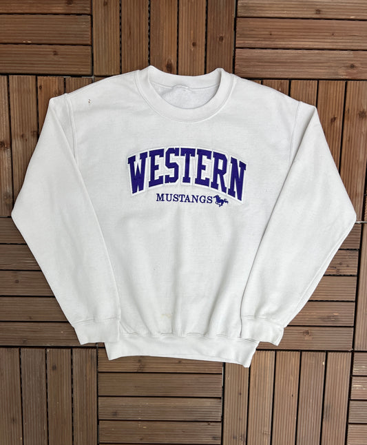 University of Western Ontario Stitched Graphic Crewneck | Size Medium | Vintage 2000s College Sports White Sweater | Free Shipping to USA |