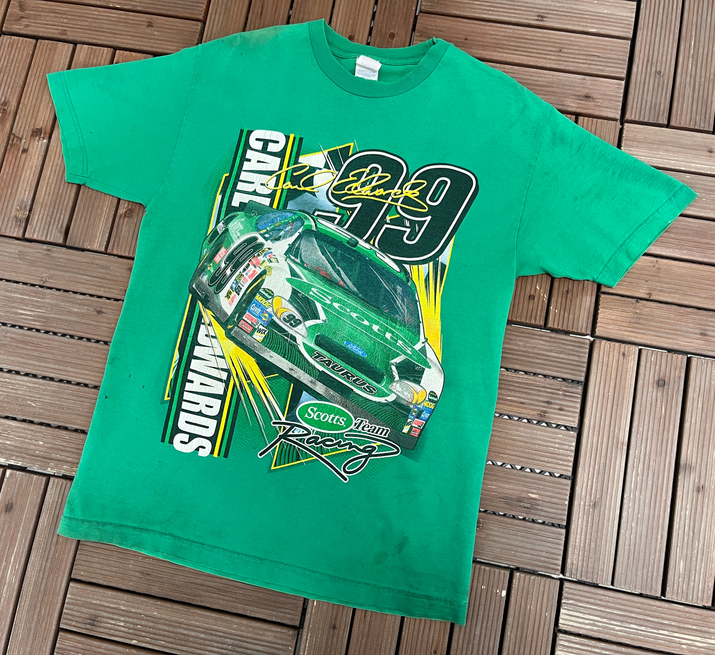 Carl Edwards Scotts Team Racing NASCAR Racing Graphic Tee | Size Large | Vintage 2000s Racing Green T-Shirt |