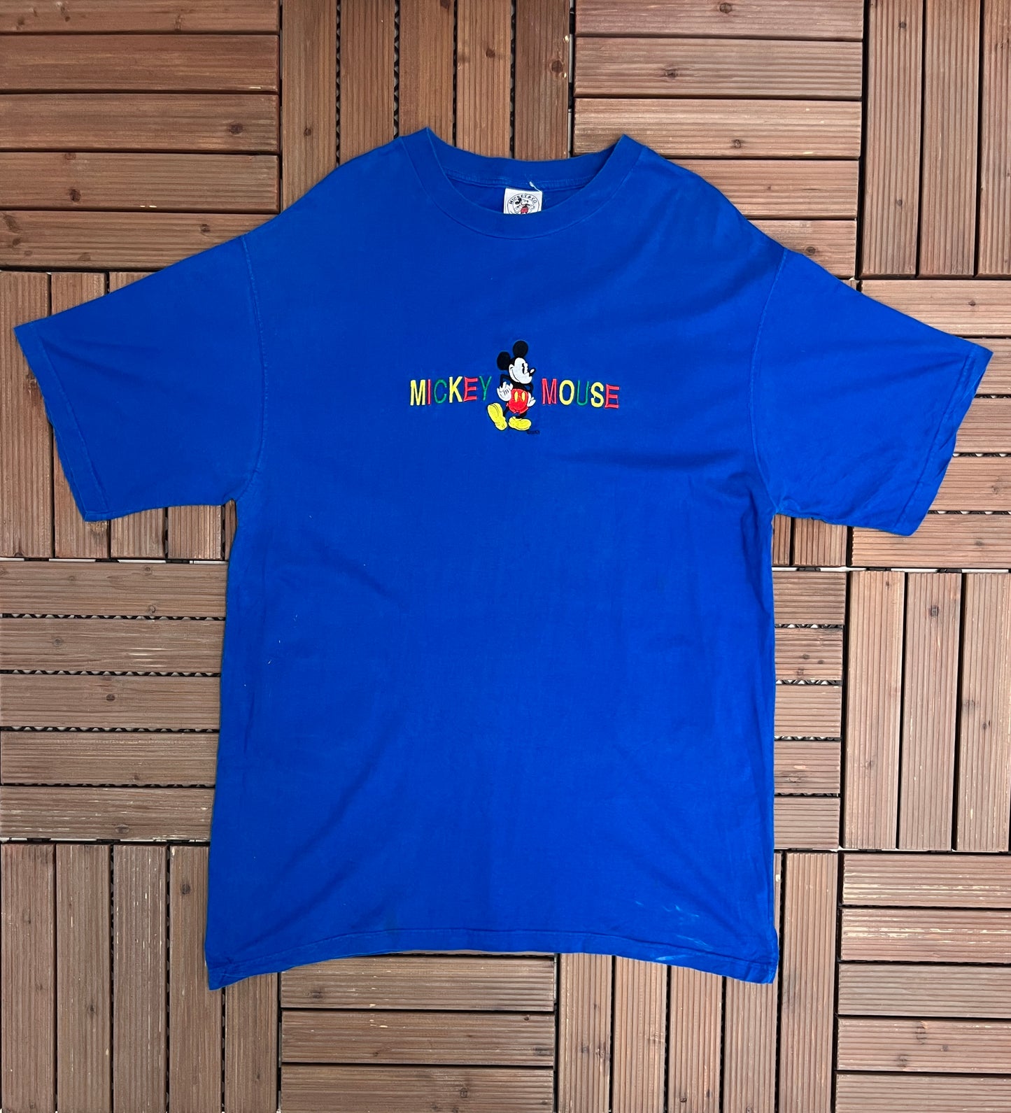 Mickey Mouse Embroidered Graphic Tee | One Size | Vintage 1990s Disney Cartoon Blue T-Shirt |