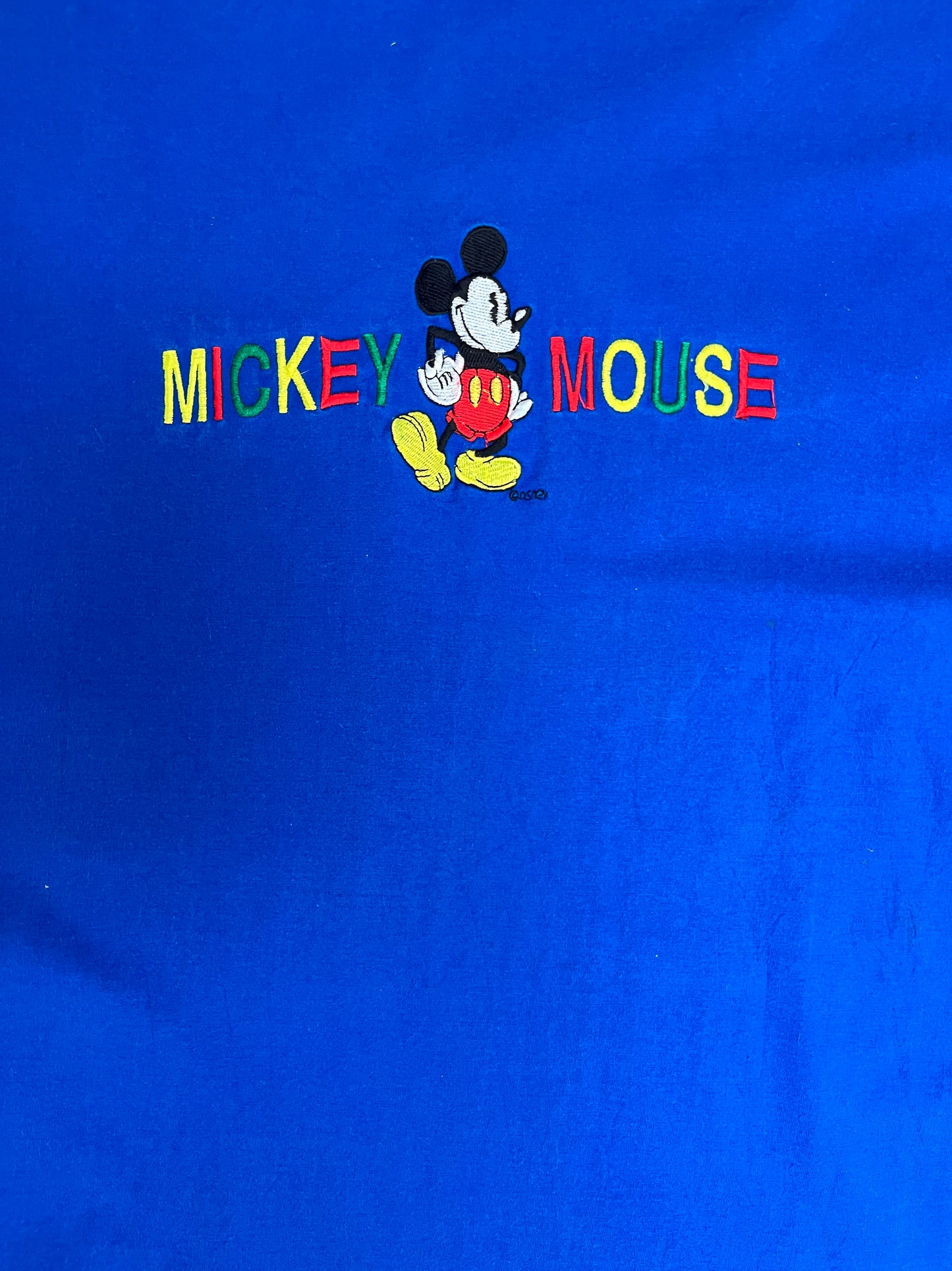 Mickey Mouse Embroidered Graphic Tee | One Size | Vintage 1990s Disney Cartoon Blue T-Shirt |