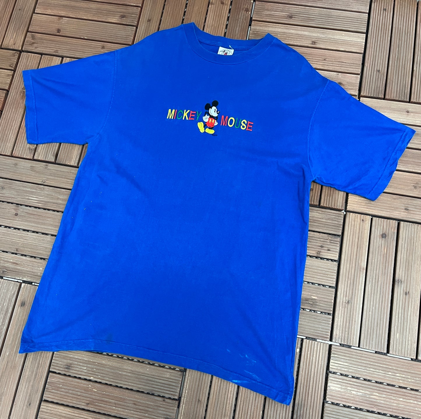 Mickey Mouse Embroidered Graphic Tee | One Size | Vintage 1990s Disney Cartoon Blue T-Shirt |