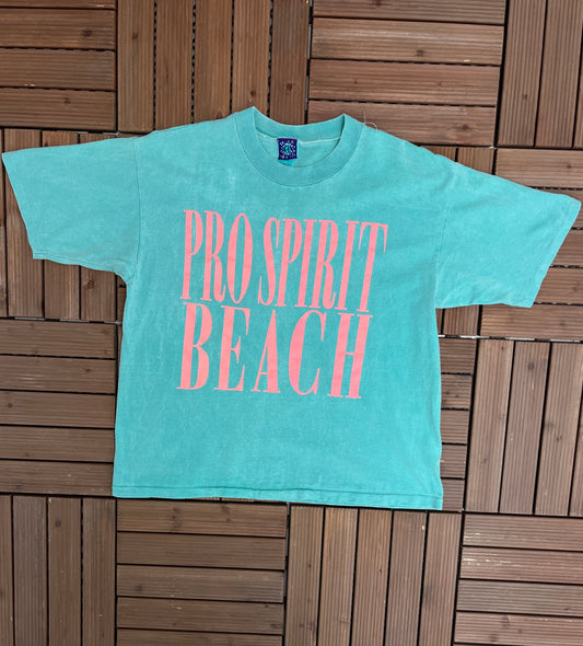 Pro Spirit Beach Graphic Tee | Size Small | Vintage 1990s Single Stitch Blue T-Shirt | Tourist Graphic |