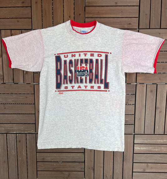 USA Basketball Graphic Tee | Size Large | Vintage 1990s Salem Sportswear Olympics Grey T-Shirt |