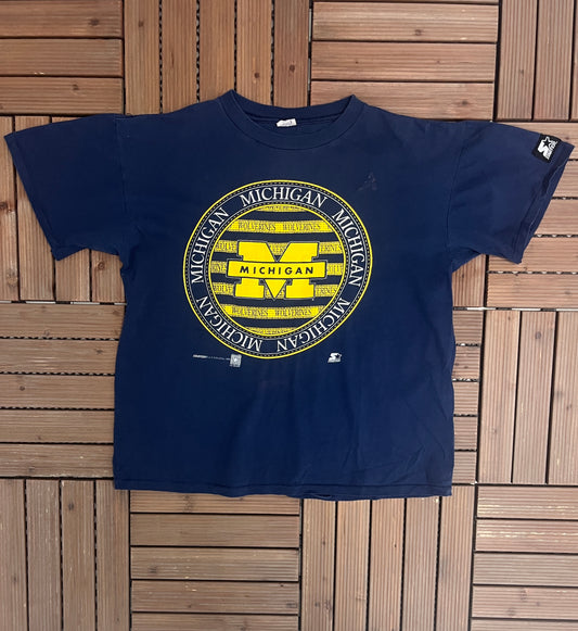 Michigan Wolverines Graphic Tee | Size Large | Vintage 1990s Starter College Sports Blue T-Shirt | Made in Canada |