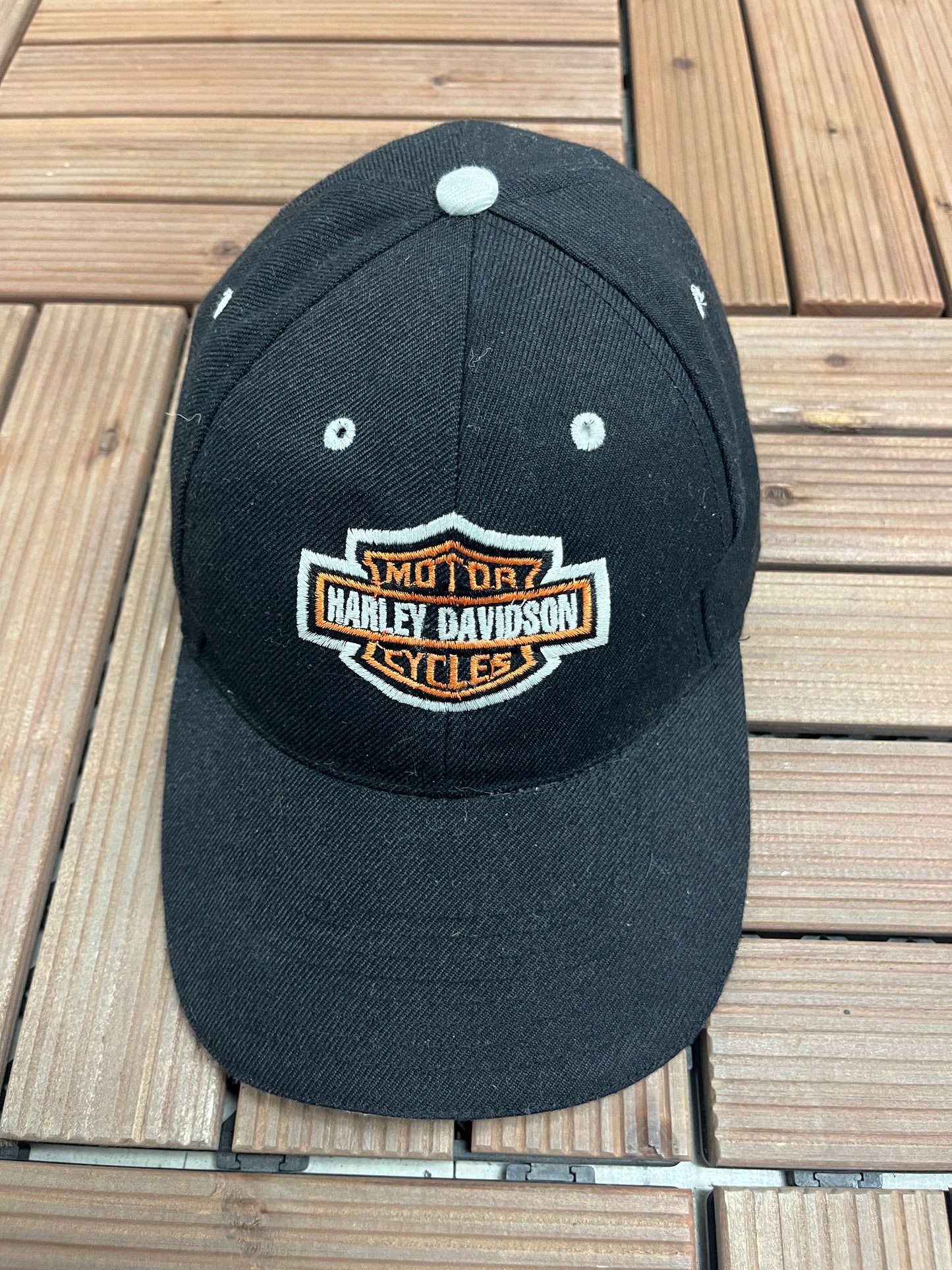 Harley Davidson Graphic Hat | Strap Back | Vintage 2000s Biker Motorcycle Black Cap |