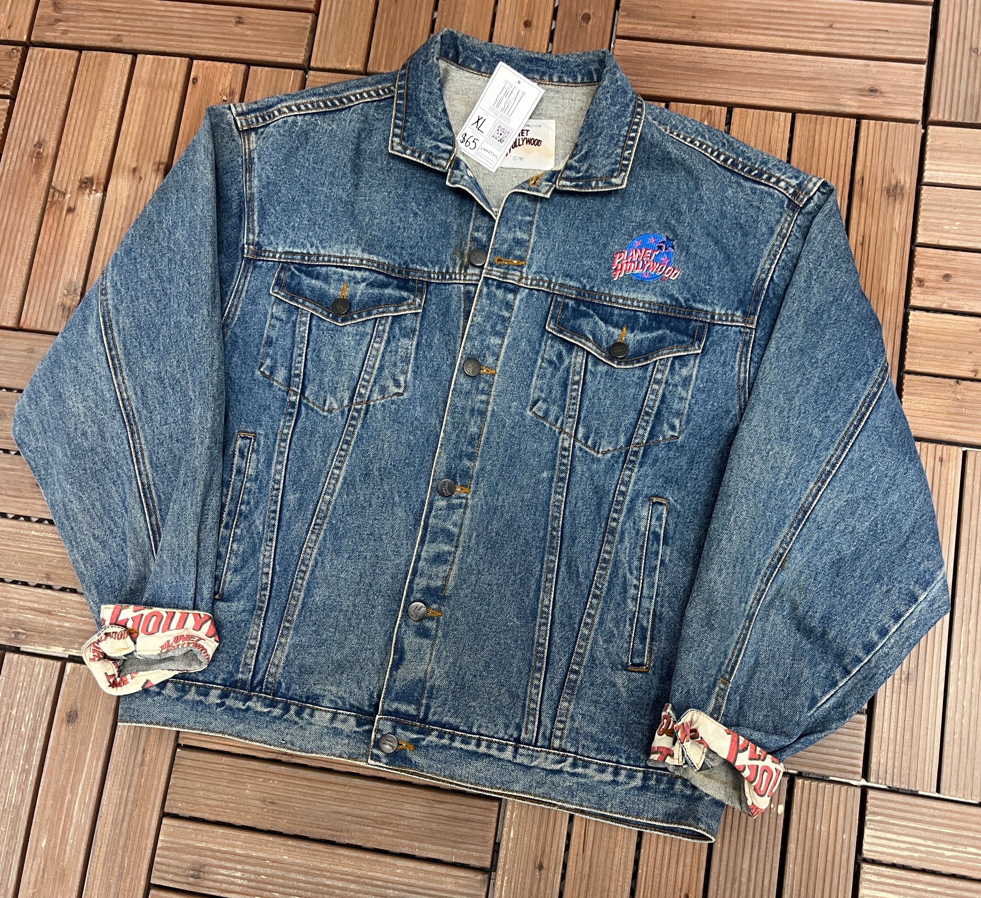 Planet Hollywood Stitched Denim Jacket | Size X-Large | Vintage 1990s Blue  Promotional Jean Jacket |